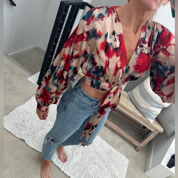 ACOA red & tan holiday dinner date cropped tie long sleeve blouse sexy NWT M - Picture 6 of 15